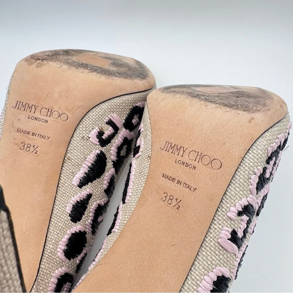 Jimmy Choo Woven Raffia Leopard Pink Black Natural Motif Romy Pumps Heels